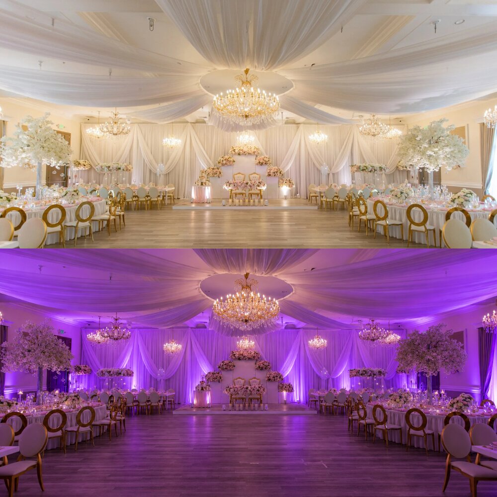 Wedding reception room before and after uplighting